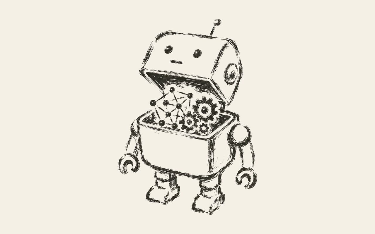Illustration à l'encre : un petit robot ouvert sur ses rouages